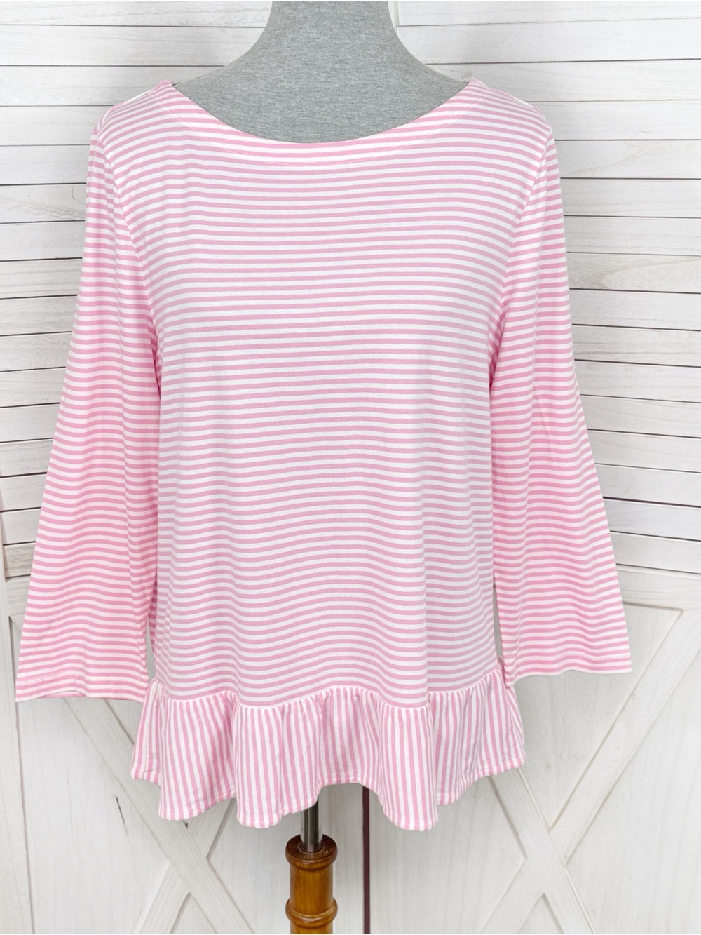 Talbots Striped Ruffle Flounce Hem Shirt Pink White Large Tee Tunic